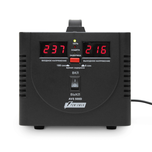 Стабилизатор POWERMAN AVS 500D, черный, ступенчатый регулятор, цифровые индикаторы уровней напряжения, 500ВА, 140-260В, максимальный входной ток 5А, 2 евророзетки, IP-20, напольный,  200мм х 150мм х 140мм, 2,3 кг./ Stabilizer POWERMAN AVS 500D, black, ste