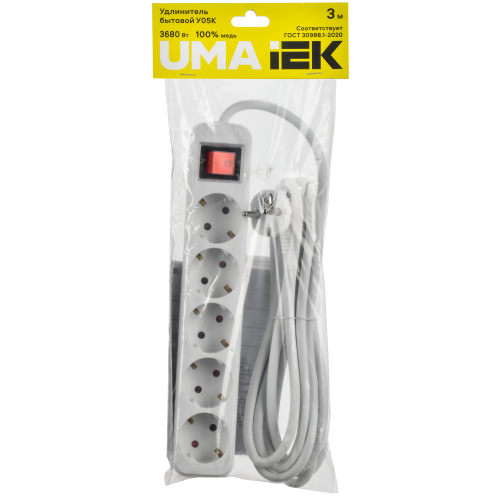 Удлинитель У05К 5 мест 2P+PE 3м 3х1,5мм2 16А белый UMA IEK Удлинитель У05К 5 мест 2P+PE 3м 3х1,5мм2 16А белый UMA IEK