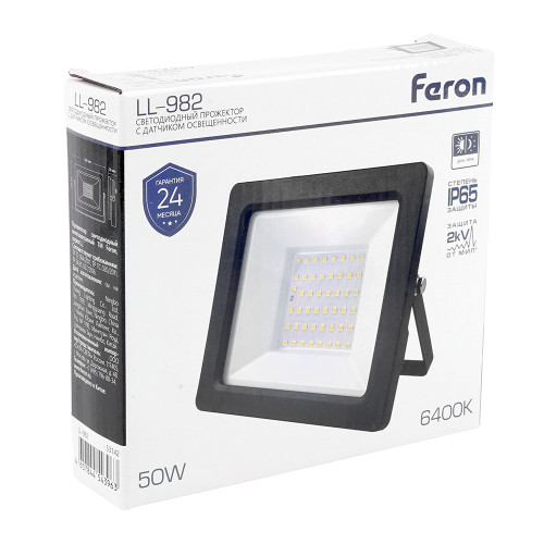 Светодиодный прожектор FERON с датчиком освещенности LL-982 IP65 50W 6400K черный Светодиодный прожектор FERON с датчиком освещенности LL-982 IP65 50W 6400K черный