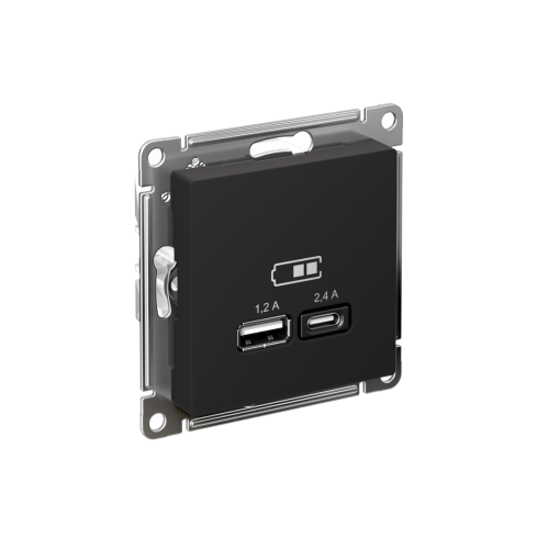 ATLASDESIGN USB РОЗЕТКА А+С, 5В/2,4А, 2х5В/1,2А, механизм, КАРБОН