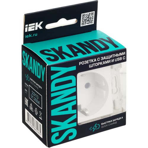 SKANDY Розетка с заземлением с защитными шторками 16А с USB C 18Вт SK-R17W арктический белый IEK SKANDY Розетка с заземлением с защитными шторками 16А с USB C 18Вт SK-R17W арктический белый IEK