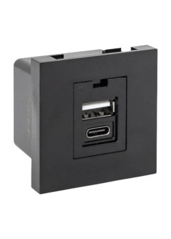 Розетка USB A+C, 2.1А, 2 гнезда, без индикатора, черная, матовая EKF