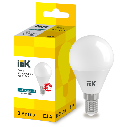Лампа светодиодная ALFA G45 шар 8Вт 230В 4000К E14 (6шт) IEK