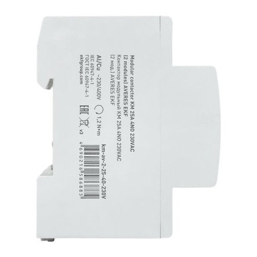 Контактор модульный КМ 25А 4NO 230В АС (2 мод.) AVERES EKF Контактор модульный КМ 25А 4NO 230В АС (2 мод.) AVERES EKF