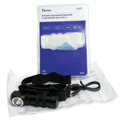 Фонарь налобный Feron TH2313 с аккумулятором 3W 1COB USB IP44, алюминий Фонарь налобный Feron TH2313 с аккумулятором 3W 1COB USB IP44, алюминий