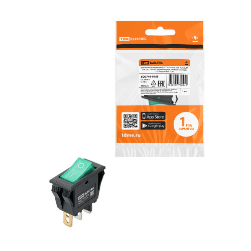Выключатель клавишный KCD3-101N/B 250В AC/DC, 1P, 15А, (3с), ON-OFF, черный корпус, зеленая клавиша с LED подсветкой TDM