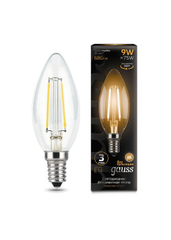 Лампа светодиодная филаментная Black Filament 9Вт свеча 2700К тепл. бел. E14 680лм GAUSS 103801109