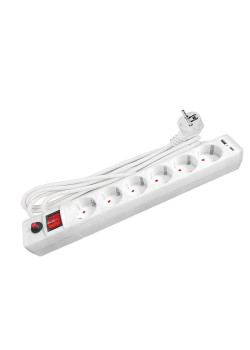 Удлинитель с сетевым фильтром 6х5м с заземл. 10А IP20 2.2кВт USB type-A + type-C ПВС 3х0.75 с выкл. бел. UNIVersal 2545