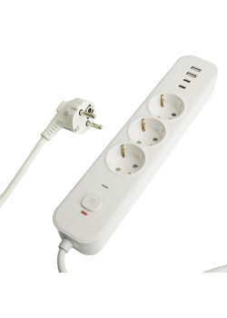 Сетевой фильтр 3-местный с/з STEKKER 3x1мм2, 1,8 м, 250В, 16А, 2 USB-A+2 Type-C, серия Nova, белый