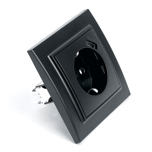 Розетка 1-местная c/з и с USB STEKKER, PST16-9011-03, 250В, 16А, с защитной шторкой, серия Эрна, черный Розетка 1-местная c/з и с USB STEKKER, PST16-9011-03, 250В, 16А, с защитной шторкой, серия Эрна, черный