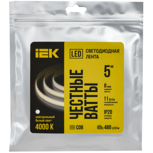 Лента светодиодная 5м COB 480LED/м 11Вт/м IP20 ширина 8мм 24В нейтральный белый IEK Лента светодиодная 5м COB 480LED/м 11Вт/м IP20 ширина 8мм 24В нейтральный белый IEK