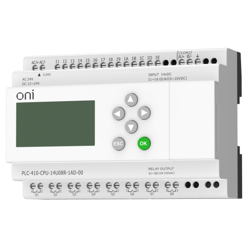 ПЛК 410 Модуль ЦПУ 8 DI 6 UI (0-10 В/DI) 8 RO 12В-24В DC или 24В AC с Ethernet портом с экраном ONI ПЛК 410 Модуль ЦПУ 8 DI 6 UI (0-10 В/DI) 8 RO 12В-24В DC или 24В AC с Ethernet портом с экраном ONI