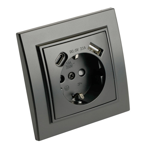 Розетка 1-местная с/з STEKKER, PST16-9016-03, 250В, 16А с USB+ type C, серия Эрна, черный Розетка 1-местная с/з STEKKER, PST16-9016-03, 250В, 16А с USB+ type C, серия Эрна, черный