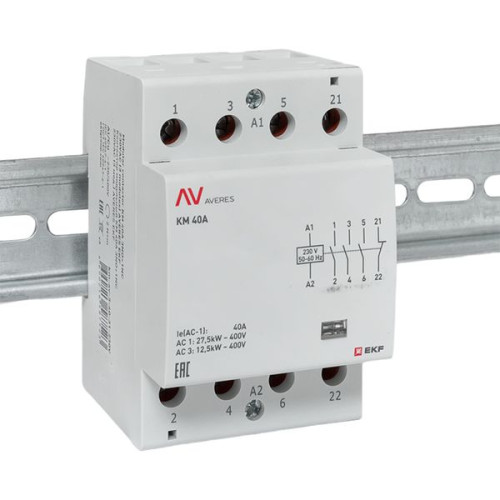 Контактор модульный КМ 40А 3NO+1NC 230В АС (3 мод.) AVERES EKF Контактор модульный КМ 40А 3NO+1NC 230В АС (3 мод.) AVERES EKF