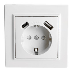 Розетка 1-местная STEKKER, PST16-9016-01, 250В, 2.1А с USB+ type C, серия Эрна, белый