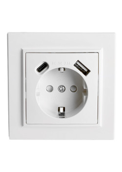Розетка 1-местная STEKKER, PST16-9016-01, 250В, 2.1А с USB+ type C, серия Эрна, белый