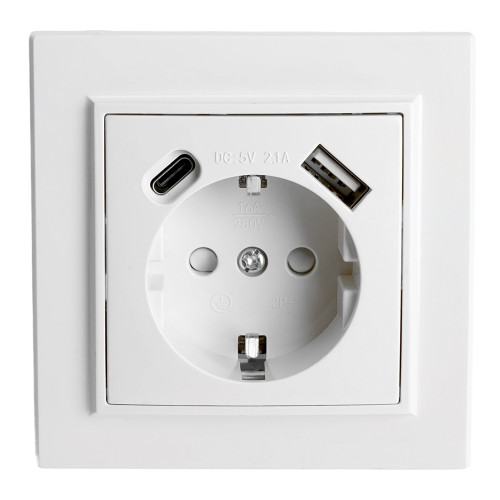 Розетка 1-местная STEKKER, PST16-9016-01, 250В, 2.1А с USB+ type C, серия Эрна, белый