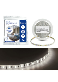 Светодиодная LED лента Feron LS607, 60SMD(5050)/m 14.4W/m 12V 5m 4000К