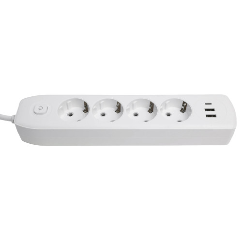 Удлинитель 4-местный c/з 3x1 мм2, 3 м, 250В, 10А, 2USB+1Type-C 2,4А, серия Home plus, белый STEKKER HM08-43-02 Удлинитель 4-местный c/з 3x1 мм2, 3 м, 250В, 10А, 2USB+1Type-C 2,4А, серия Home plus, белый STEKKER HM08-43-02