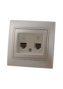 Розетка компьютерная + телефонная 2-м СП Mira RJ45 + RJ11 IP20 со вставкой жемчуж./бел. перламутр. LEZARD 701-3030-143
