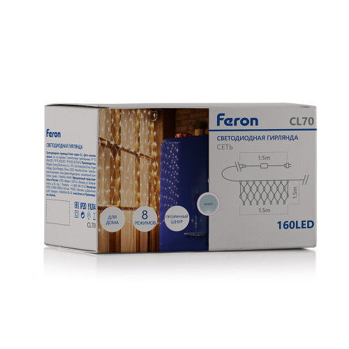 Светодиодная гирлянда Feron CL70 сеть 1,5х1,5м + 1.5м 230V 5000К, c питанием от сети, прозрачный шнур Светодиодная гирлянда Feron CL70 сеть 1,5х1,5м + 1.5м 230V 5000К, c питанием от сети, прозрачный шнур