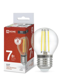 Лампа светодиодная LED-ШАР-deco 7Вт шар прозрачная 4000К нейтр. бел. E27 810лм 230В IN HOME 4690612016337