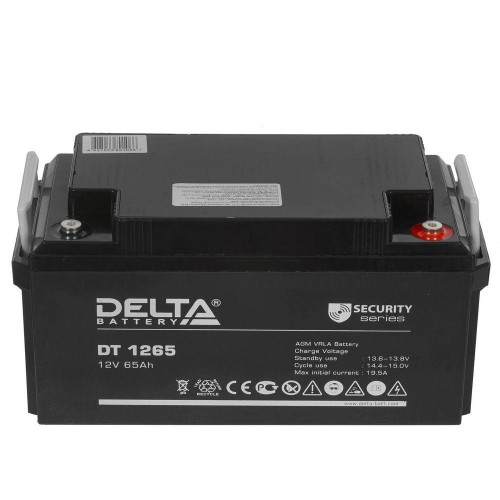 Батарея DELTA серия DT, DT 1265, напряжение 12В, емкость 65Ач (разряд 20 часов), макс. ток разряда (5 сек.) 650А, макс. ток заряда 19.5А, свинцово-кислотная типа AGM, клеммы под болт М6, ДxШxВ 350х167х174мм., вес 21кг., срок службы 7-10 лет./ Battery DEL Батарея DELTA серия DT, DT 1265, напряжение 12В, емкость 65Ач (разряд 20 часов), макс. ток разряда (5 сек.) 650А, макс. ток заряда 19.5А, свинцово-кислотная типа AGM, клеммы под болт М6, ДxШxВ 350х167х174мм., вес 21кг., срок службы 7-10 лет./ Battery DEL