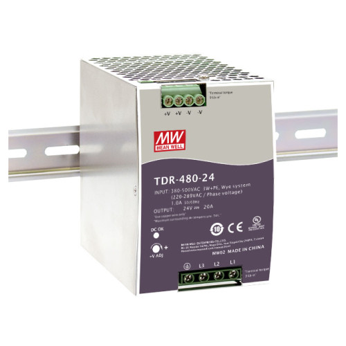 Блок питания AC-DC, 480Вт, ККМ, 3-х фазный, вход 340-550В AC, 47-63,480-780В DC, выход 24В,20A, рег. вых 24-28В, в кожухе на DIN-рейку