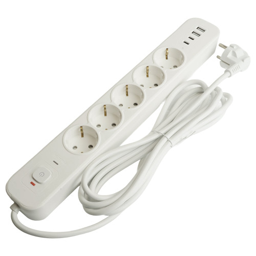Сетевой фильтр 5-местный с/з STEKKER 3x1мм2, 5 м, 250В, 16А, 2 USB-A+2 Type-C 3, серия Nova, белый Сетевой фильтр 5-местный с/з STEKKER 3x1мм2, 5 м, 250В, 16А, 2 USB-A+2 Type-C 3, серия Nova, белый