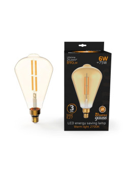 Лампа светодиодная филаментная Black Filament 6Вт ST164 золотая 2700К тепл. бел. E27 890лм GAUSS 157802118