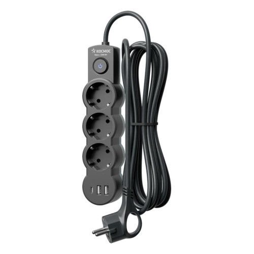 Удлинитель 3х3м с заземл. 10А IP20 USB 2800Вт 220В ПВС 3х1 с выкл. черн. КОСМОС YKsm3m3g-Z-VU10А-B Удлинитель 3х3м с заземл. 10А IP20 USB 2800Вт 220В ПВС 3х1 с выкл. черн. КОСМОС YKsm3m3g-Z-VU10А-B