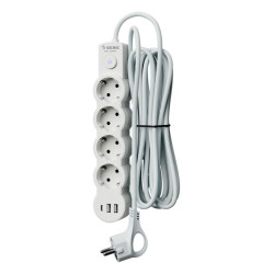 Удлинитель 3х1.5м с заземл. 10А IP20 USB 2500Вт 220В ПВС 3х1 с выкл. бел. КОСМОС YKsm1.5m4g-Z-VU10А-W