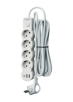 Удлинитель 3х1.5м с заземл. 10А IP20 USB 2500Вт 220В ПВС 3х1 с выкл. бел. КОСМОС YKsm1.5m4g-Z-VU10А-W