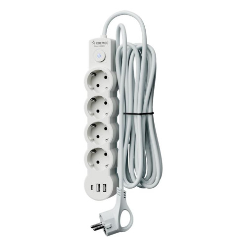 Удлинитель 3х1.5м с заземл. 10А IP20 USB 2500Вт 220В ПВС 3х1 с выкл. бел. КОСМОС YKsm1.5m4g-Z-VU10А-W