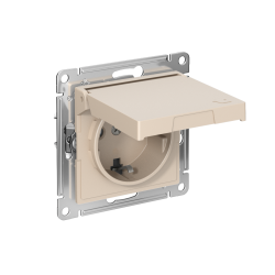 ATLASDESIGN РОЗЕТКА с заземлением со шторками с крышкой,16А,IP20, мех.,быстрозажим. клем., ПЕСОЧНЫЙ