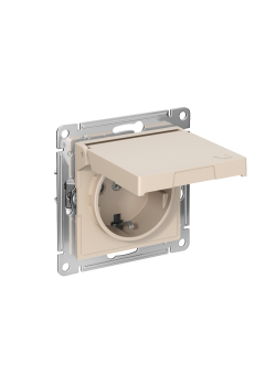 ATLASDESIGN РОЗЕТКА с заземлением со шторками с крышкой,16А,IP20, мех.,быстрозажим. клем., ПЕСОЧНЫЙ