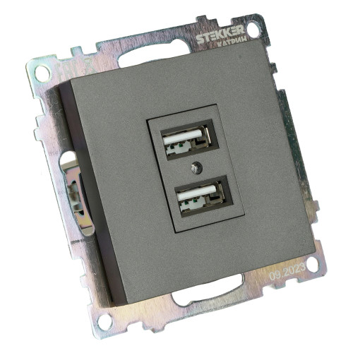 Розетка 2-местная USB (механизм), 250В, 2,1А, серия Катрин, графит, GLS10-7115-06 Розетка 2-местная USB (механизм), 250В, 2,1А, серия Катрин, графит, GLS10-7115-06