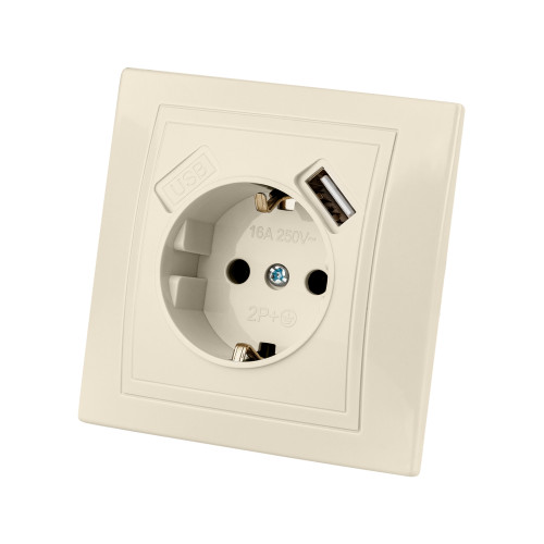 Розетка 2П+З с защ. шт. 16А 250В + USB порт 2,1А 5В сл. кость Розетка 2П+З с защ. шт. 16А 250В + USB порт 2,1А 5В сл. кость