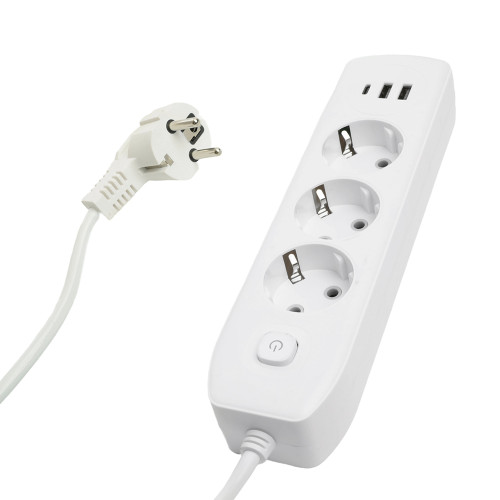 Удлинитель 3-местный c/з 3x1 мм2, 3 м, 250В, 10А, 2USB+1Type-C 2,4А, серия Home plus, белый STEKKER HM08-33-02
