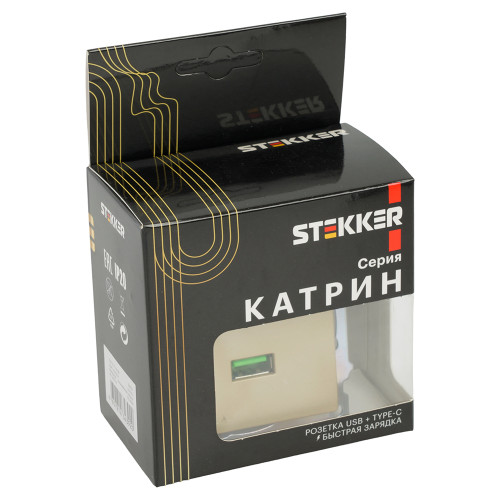 Розетка 2-местная USB + type C (механизм), 250В, 3А, max 20W, STEKKER, GLS10-7116-08, серия Катрин, золото Розетка 2-местная USB + type C (механизм), 250В, 3А, max 20W, STEKKER, GLS10-7116-08, серия Катрин, золото