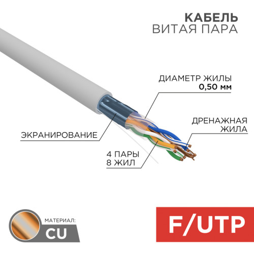 Витая пара F/UTP 4PR 24AWG CAT5e PVC INDOOR SOLID серый Витая пара F/UTP 4PR 24AWG CAT5e PVC INDOOR SOLID серый