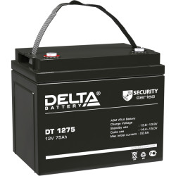 Battery DELTA series DT, DT 1275, voltage 12V, capacity 75Ah (discharge 20 hours), max. discharge current (5 sec.) 870A, max. charge current 22.5A, lead-acid AGM type, M6 bolt terminals, LxWxH 260x168x211mm., weight 21.5kg., service life 7-10 years.