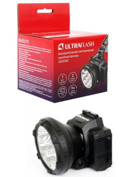 Фонарь аккумуляторный налобный LED5362 7LED 2 режима 220В пластик. черн. (бокс) Ultraflash 11256