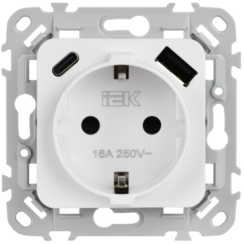 FLITE Розетка 1-местная с заземлением с защитными шторками 16А с USB A+C 20Вт безвинтовое крепление РСЮшс11-1-ФлБ белый IEK