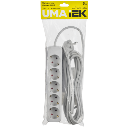 Удлинитель У05 5 мест 2P+PE 5м 3х1мм2 10А белый UMA IEK Удлинитель У05 5 мест 2P+PE 5м 3х1мм2 10А белый UMA IEK