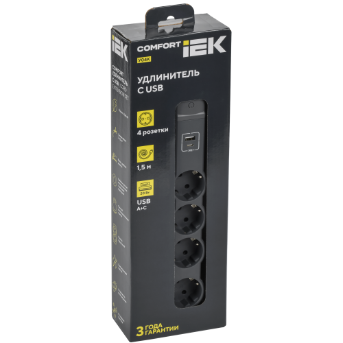 COMFORT Удлинитель У04К 4 места 2P+PE 1,5м 3х1,5мм2 16А USB A+C 20Вт черный IEK