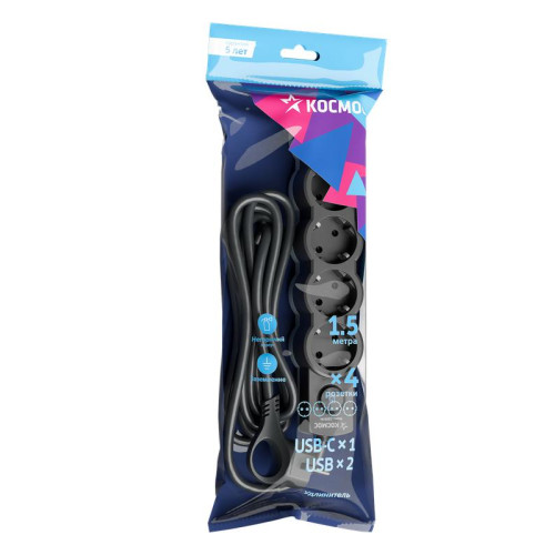 Удлинитель 3х1.5м с заземл. 10А IP20 USB 2500Вт 220В ПВС 3х1 с выкл. черн. КОСМОС YKsm1.5m4g-Z-VU10А-B Удлинитель 3х1.5м с заземл. 10А IP20 USB 2500Вт 220В ПВС 3х1 с выкл. черн. КОСМОС YKsm1.5m4g-Z-VU10А-B