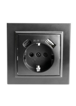 Розетка 1-местная с/з STEKKER, PST16-9016-03, 250В, 16А с USB+ type C, серия Эрна, черный