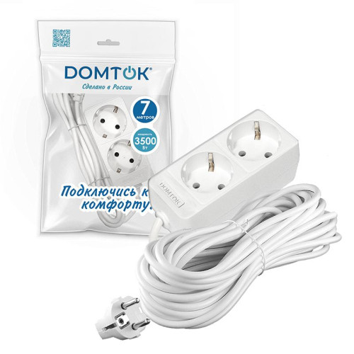 Удлинитель 2х7м с заземл. 16А IP20 3.5кВт ПВС 3х1 бел. DOMTOK 2388 Удлинитель 2х7м с заземл. 16А IP20 3.5кВт ПВС 3х1 бел. DOMTOK 2388