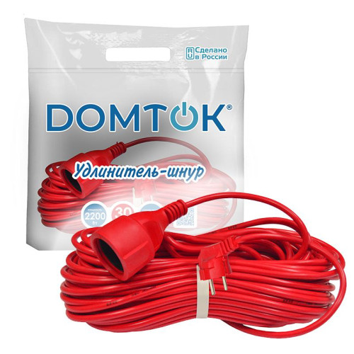 Удлинитель-шнур 1х30м с заземл. 10А IP20 2.2кВт ПВС 3х1 DOMTOK 2494 Удлинитель-шнур 1х30м с заземл. 10А IP20 2.2кВт ПВС 3х1 DOMTOK 2494